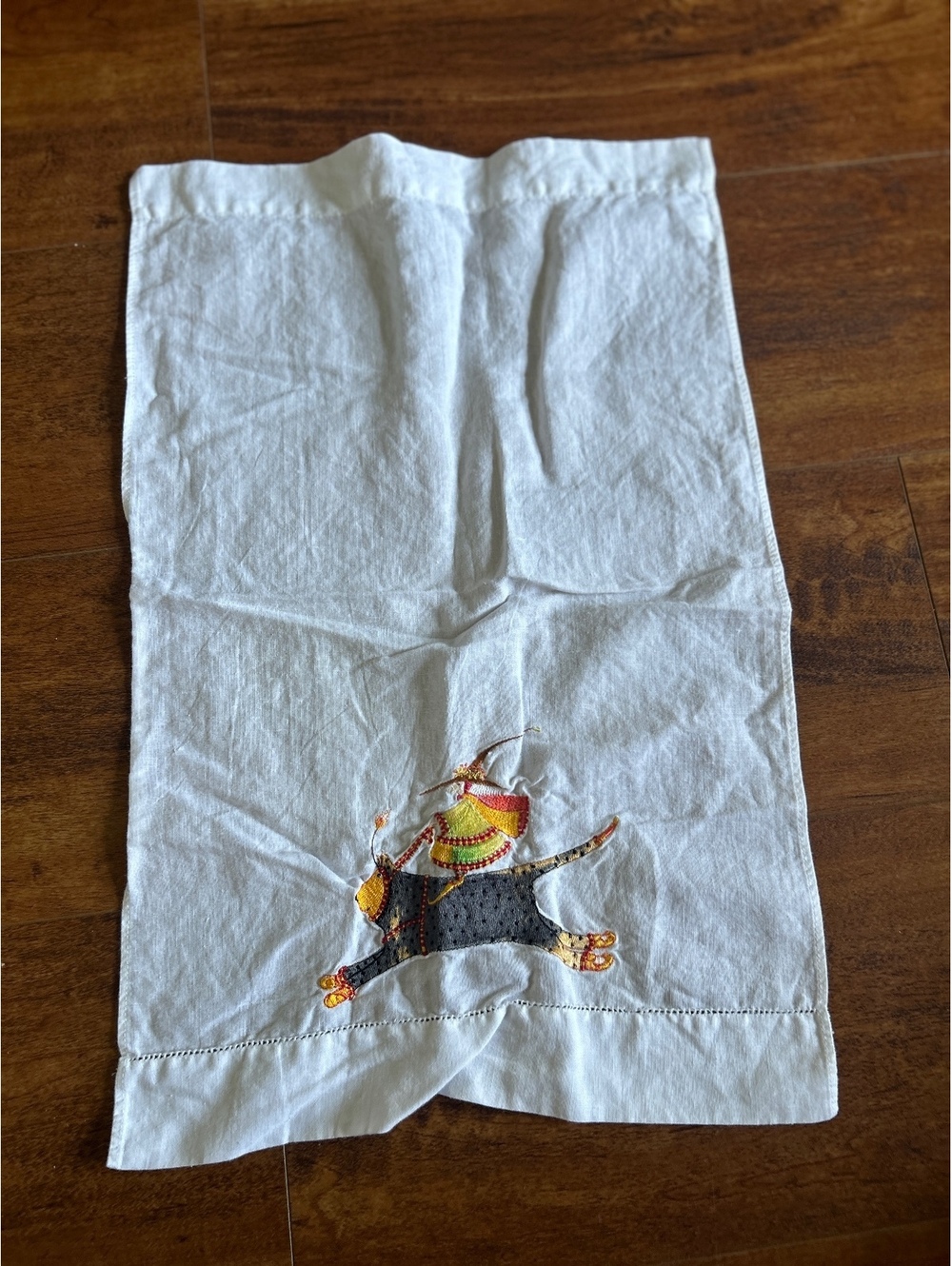 Vintage Embroidered Linen Decorative Towel with Colorful Bull and Rider Design